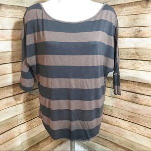 Ms. Bella D brown and gray striped shirt